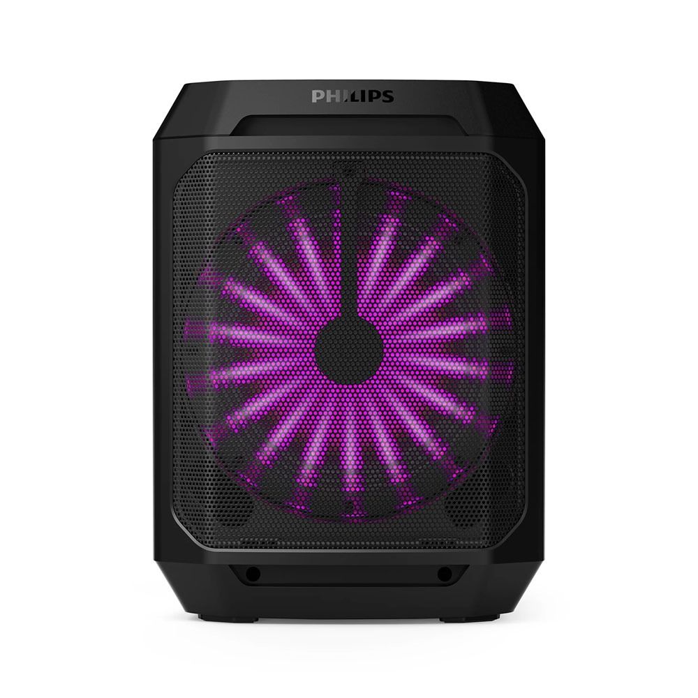 Front view of Philips TAX2208/00 party speaker illuminating dynamic purple LED lights through the grille