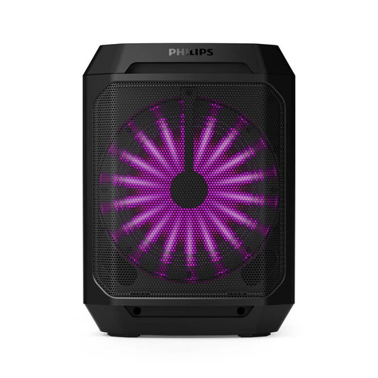 Front view of Philips TAX2208/00 party speaker illuminating dynamic purple LED lights through the grille