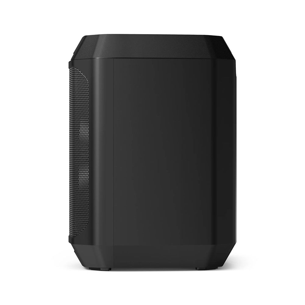 Premium matte black design of the Philips TAX2208/00 portable speaker from a side angle