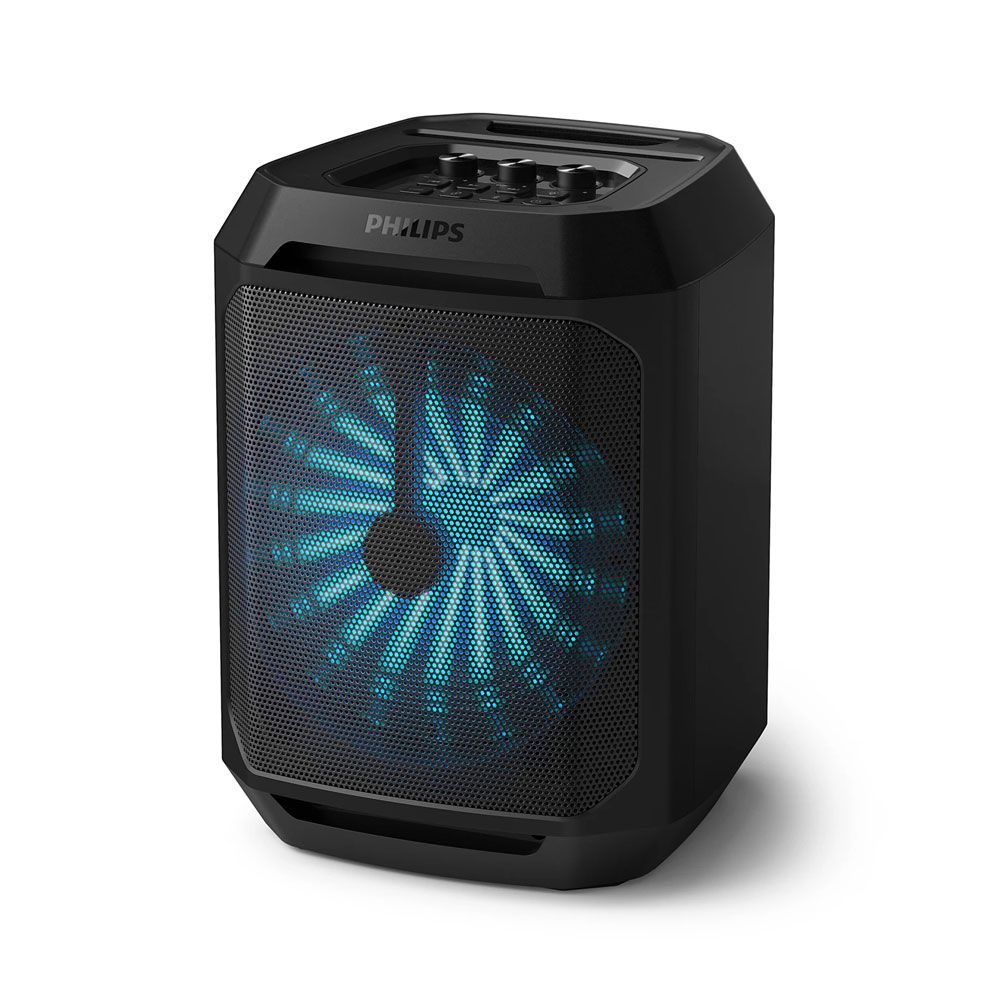 Philips TAX2208/00 portable Bluetooth speaker glowing with vibrant blue LED party lights