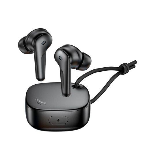 Front perspective view of Choetech BH-T17 black TWS earbuds floating above their matte charging case, showing the control button on the stem and the thunderbolt logo on the case front.
